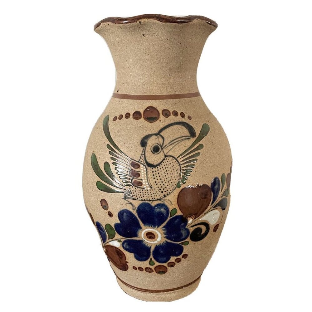 Mexican Tonala Pottery Bird Toucan Floral Vase, 11”